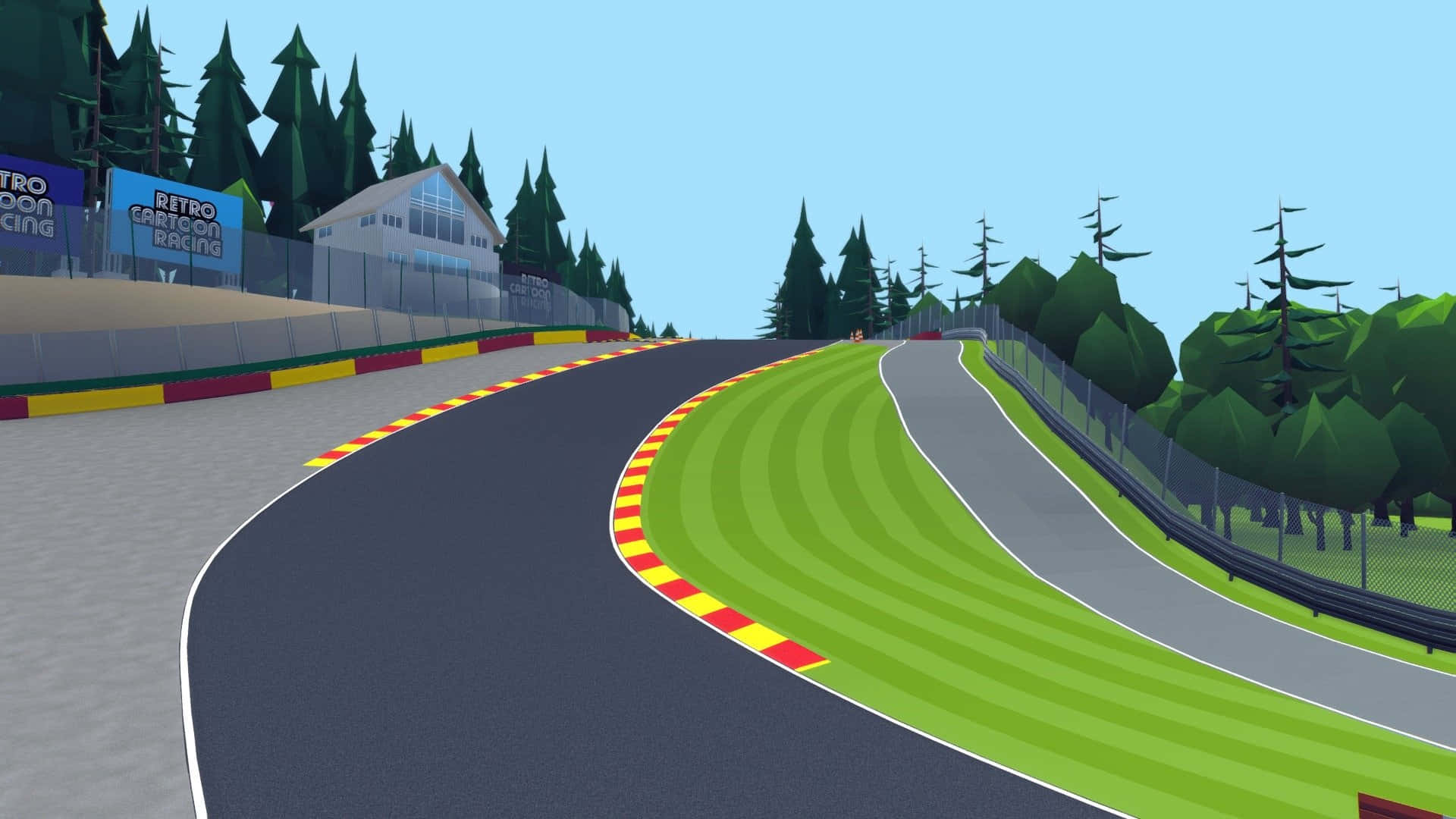 A Cartoon Of A Race Track With Trees And Grass