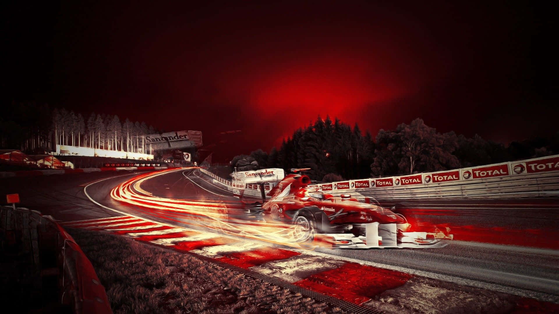 A Red Racing Car Driving Down A Track At Night