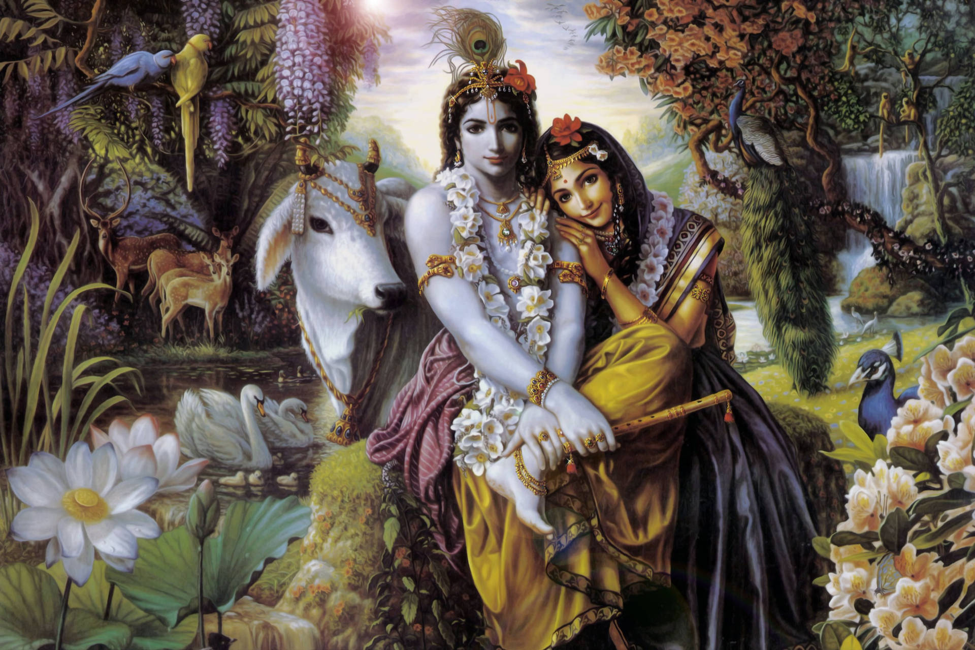 Radha Krishna 3d Omgivet Af Dyr Wallpaper