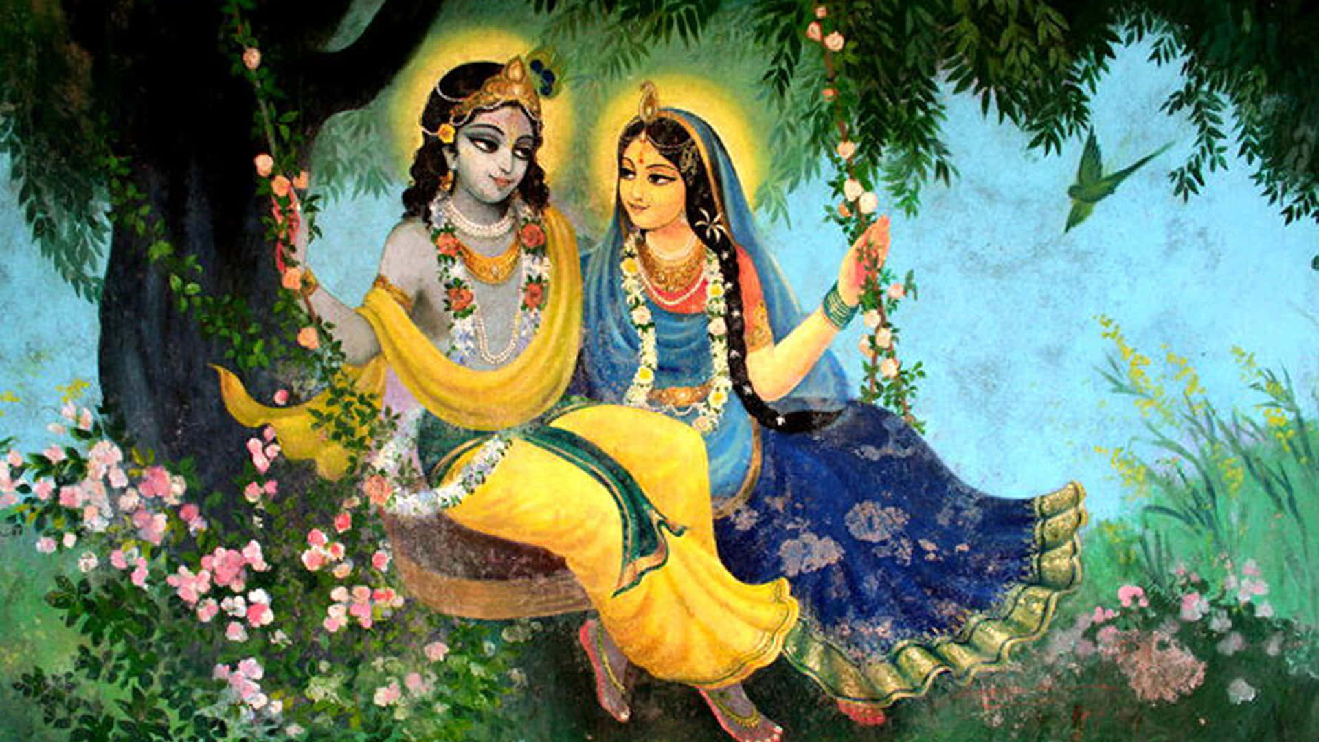 Imagende Radha Krishna En Un Columpio De Flores.