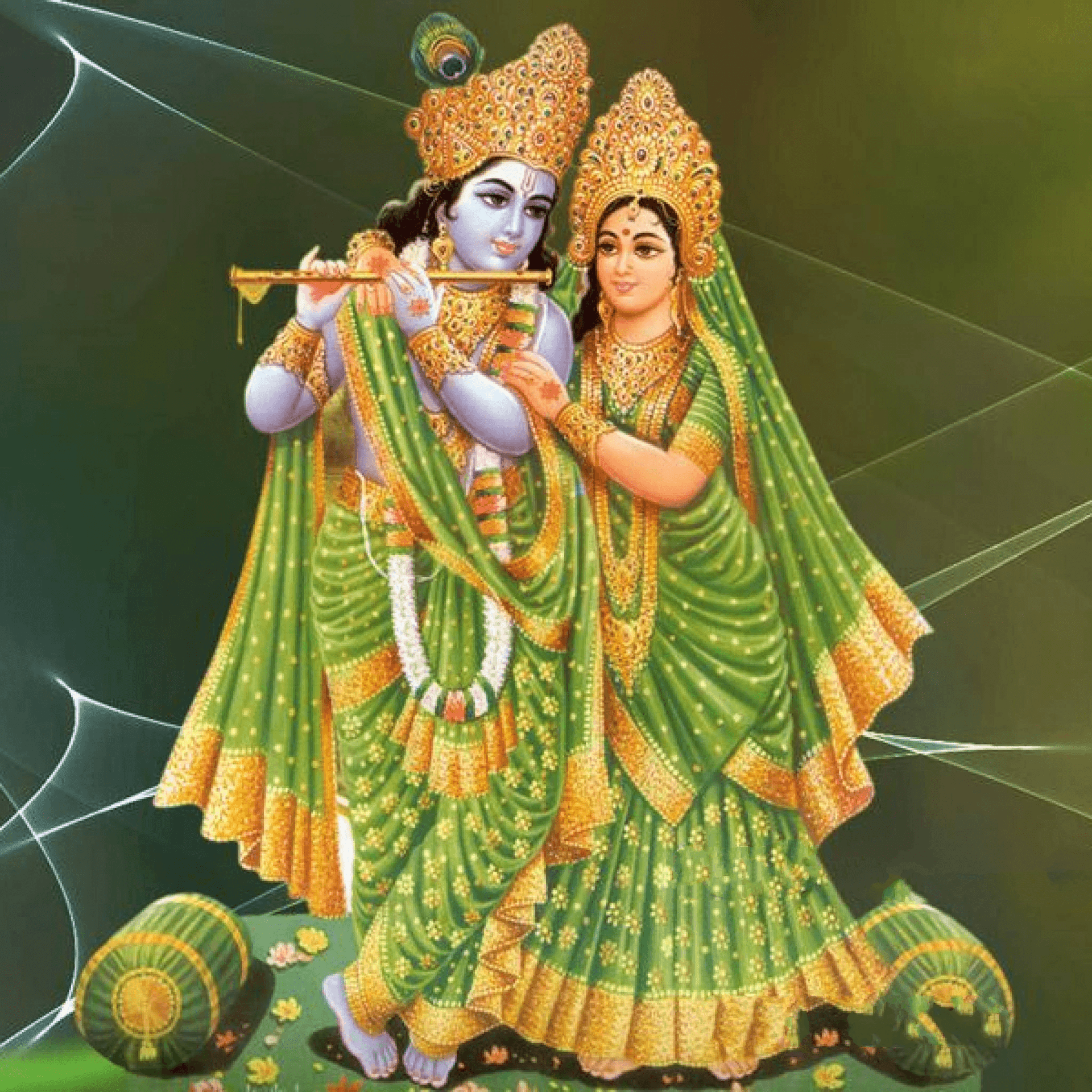 Krishna And Radha In Green Sari