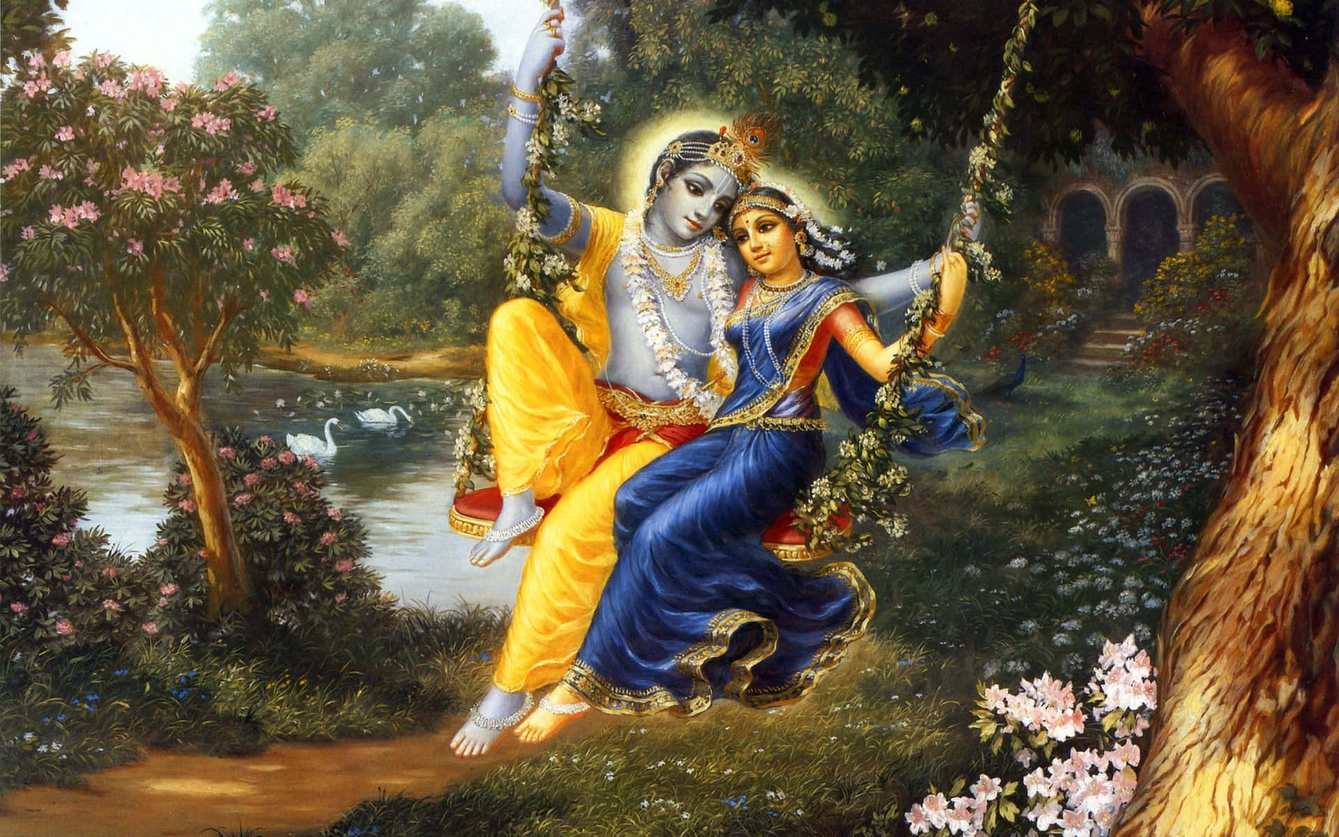 Imagende Radha Krishna Balanceándose Bajo Un Árbol.