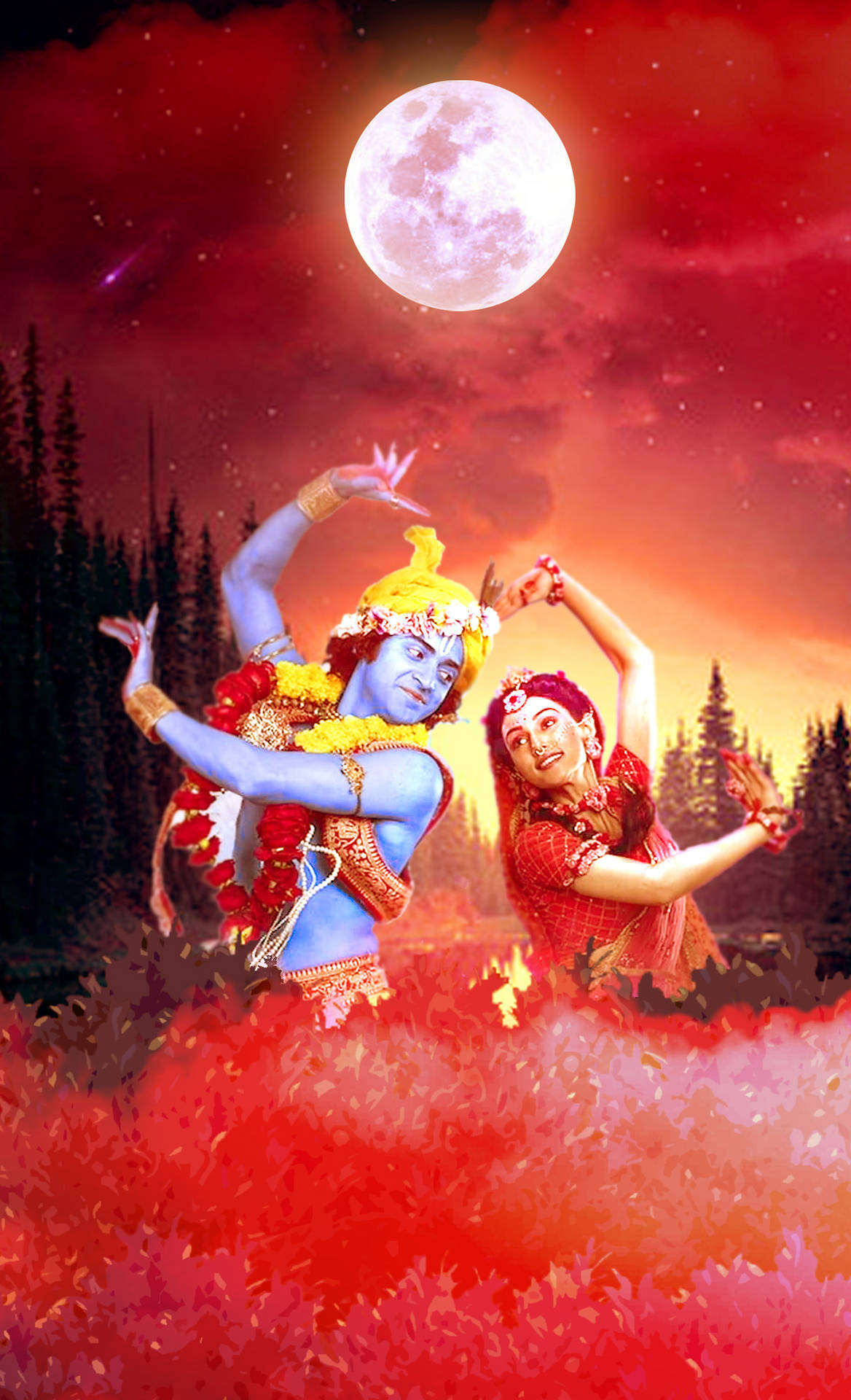 Radha-krishna Red Sky With Moon Wallpaper