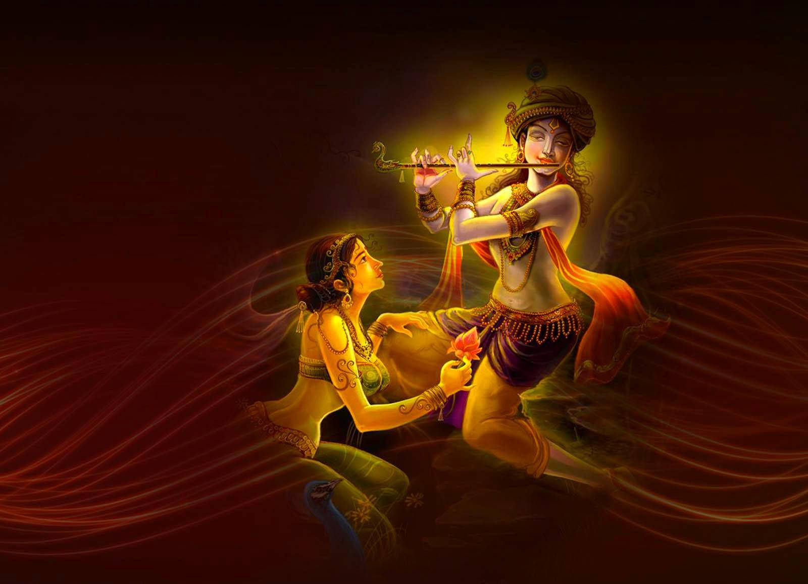Radha Offering A Lotus Flower To Krishna Desktop Wallpaper