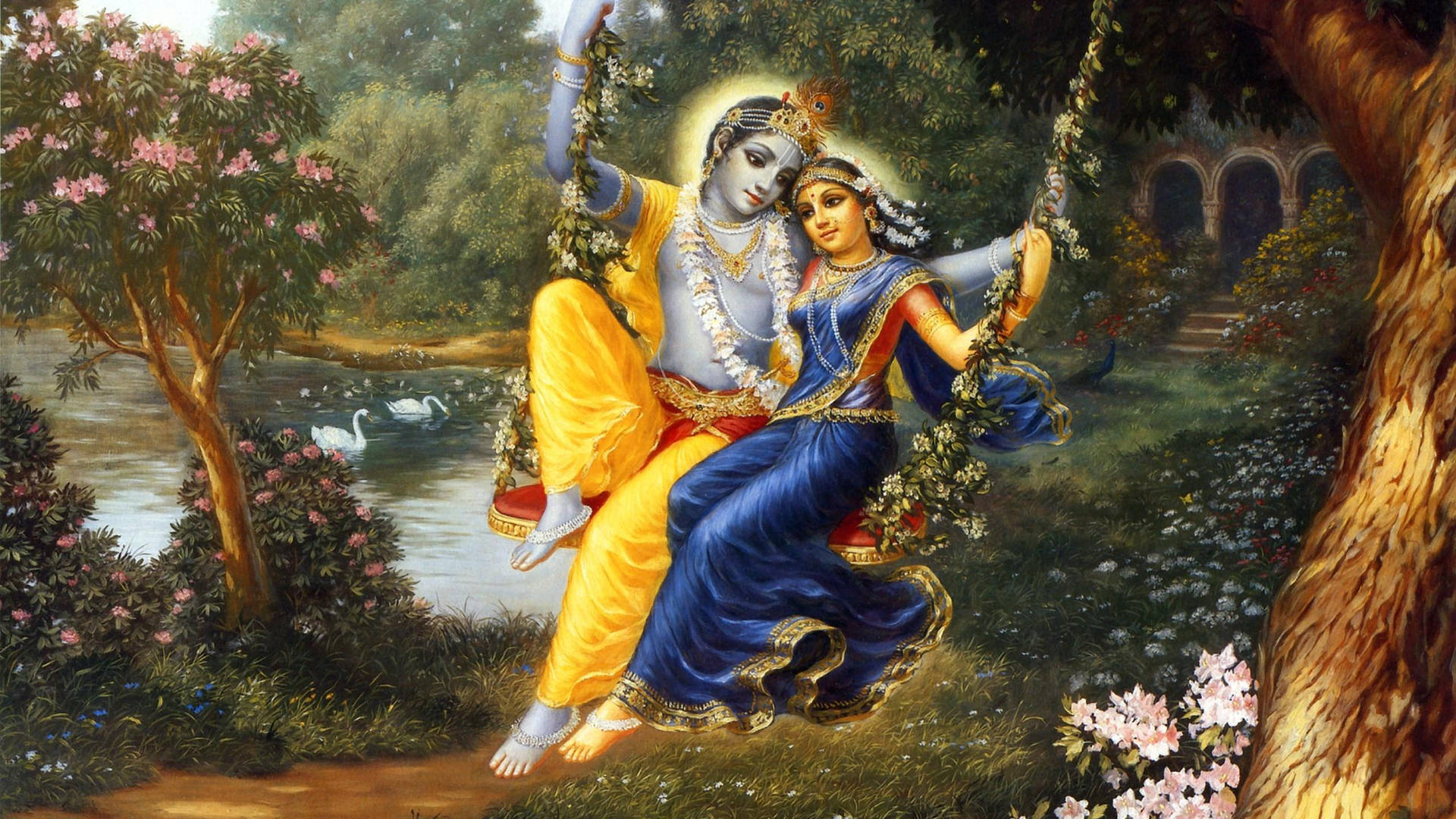 Radha On A Swing With Krishna Desktop Wallpaper