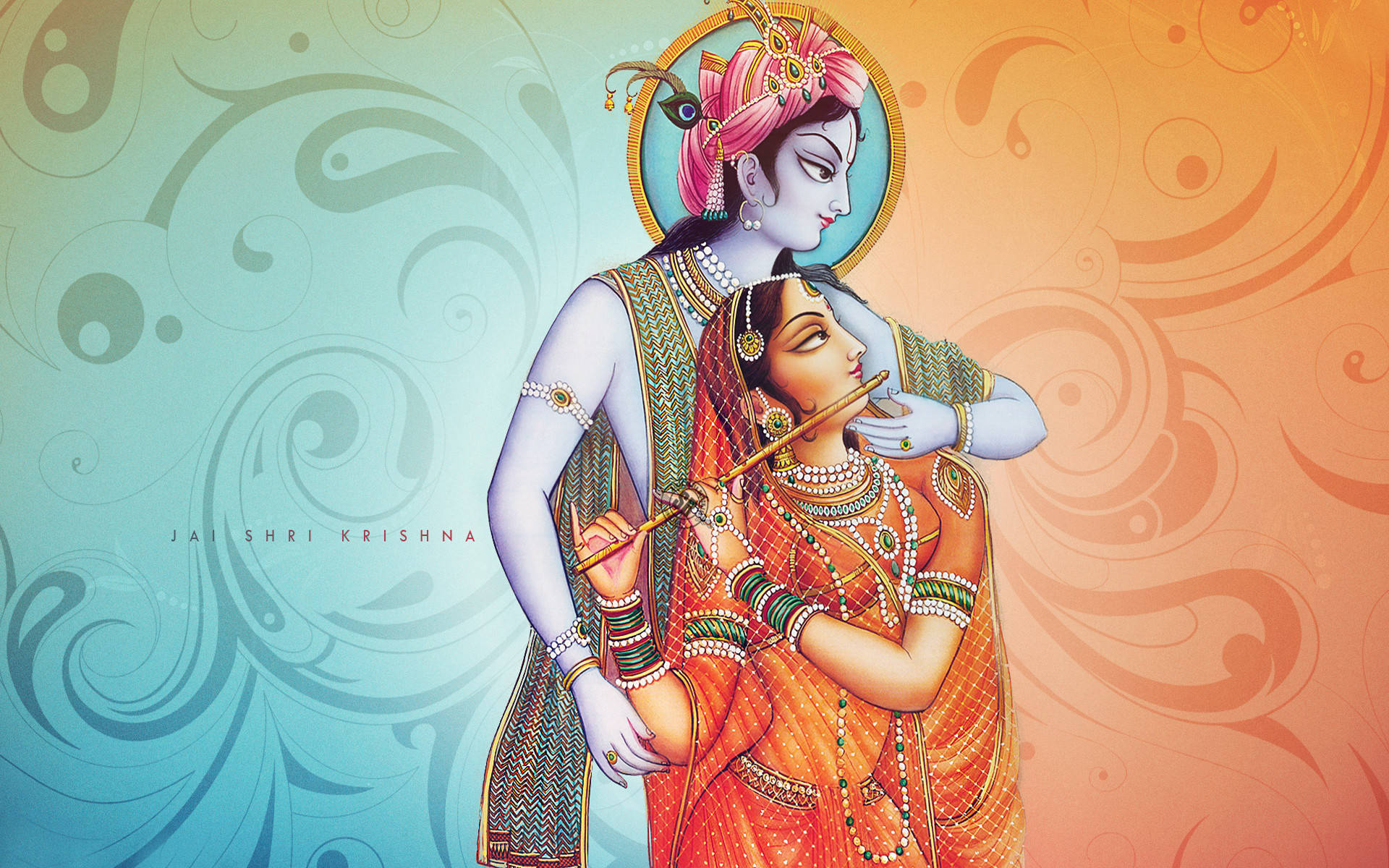 Radhatocando La Flauta Con Krishna En El Escritorio. Fondo de pantalla
