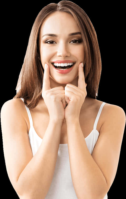 Radiant Smile Woman Pointing Cheeks PNG