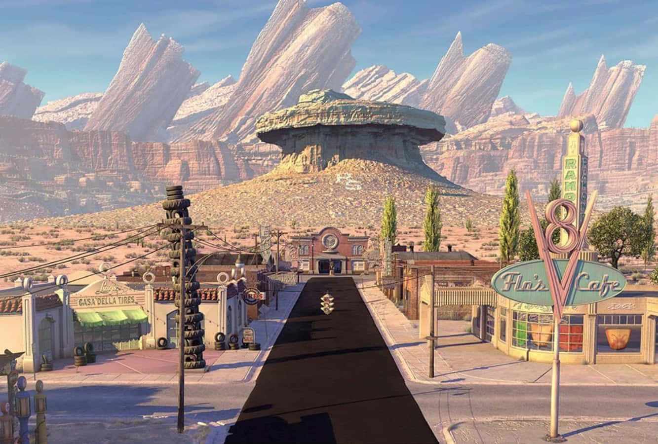 Explore Radiator Springs and find fun, adventure, and beauty! Wallpaper