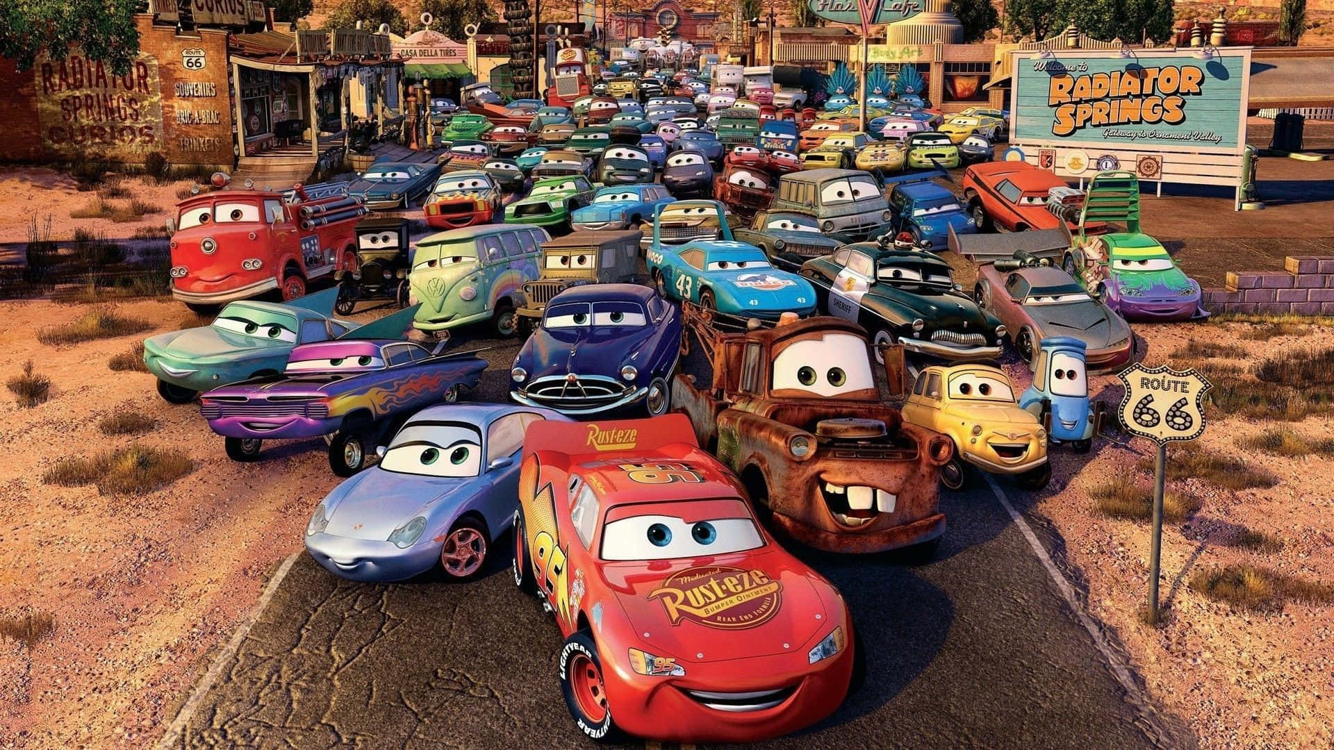 Personajesde La Película Animada De Disney Cars En Radiator Springs. Fondo de pantalla