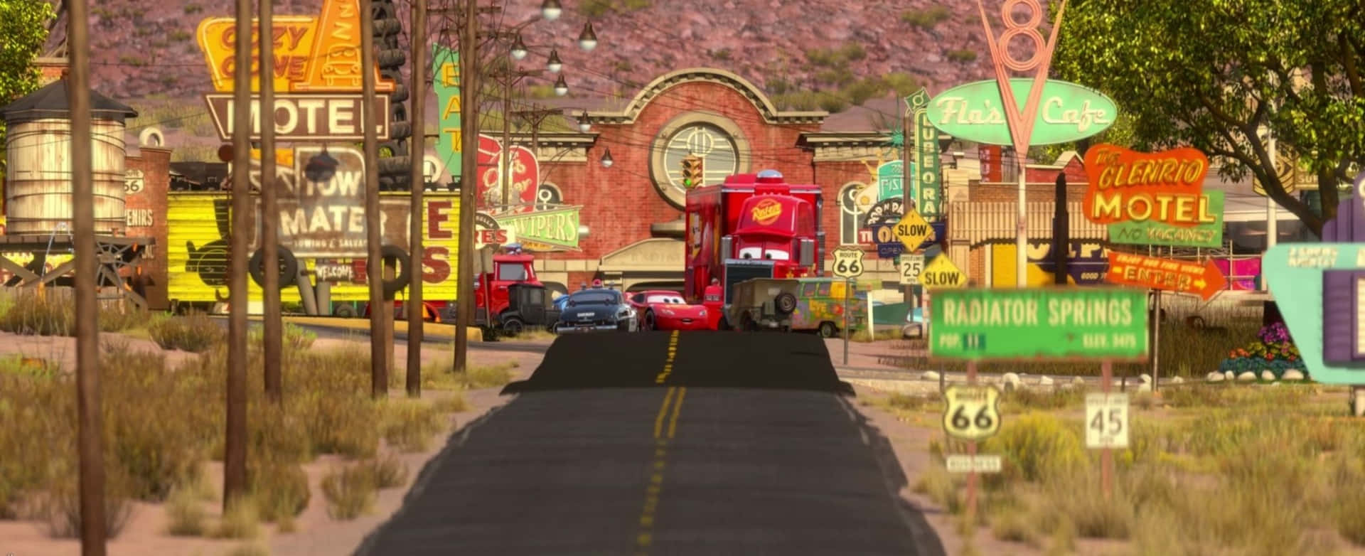 Imagenfija De La Película De Disney Cars En Radiator Springs De La Ruta 66. Fondo de pantalla