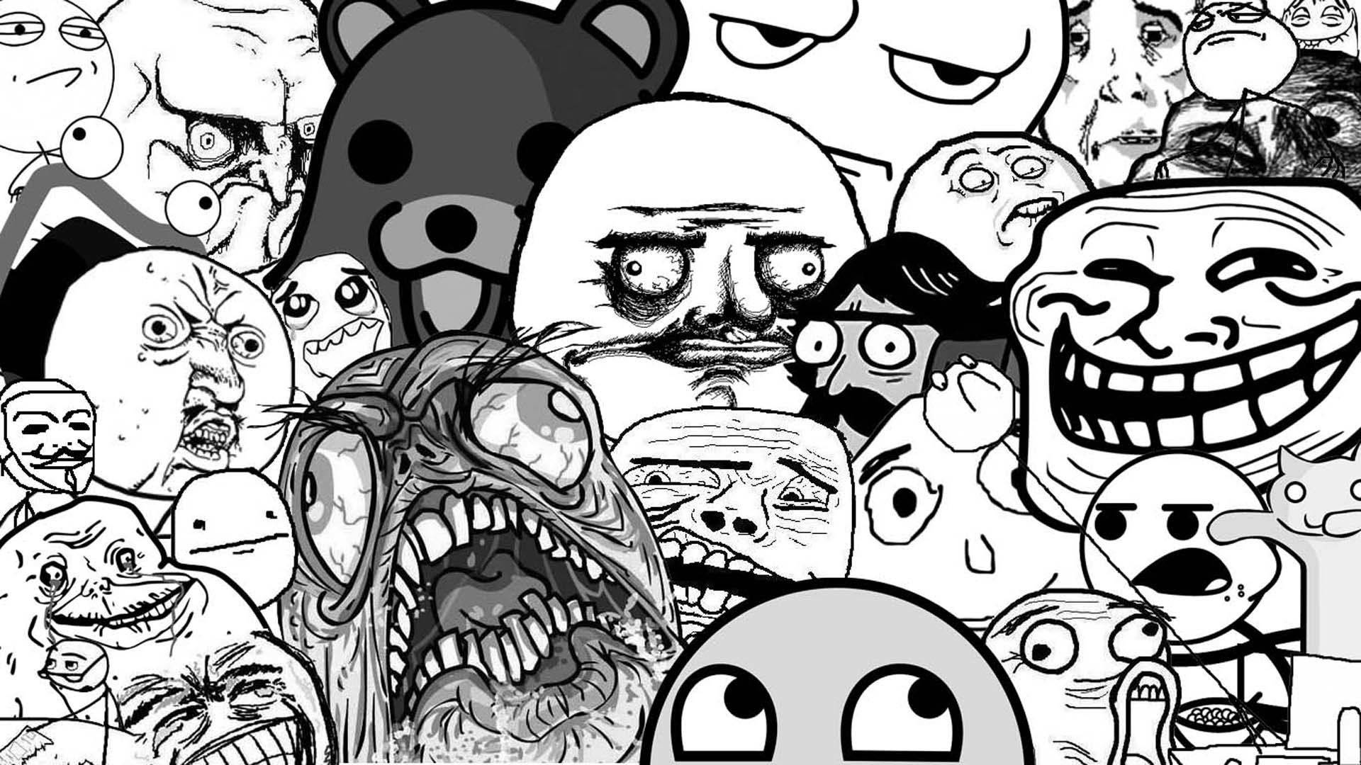 Background full of funny expression memes showing smiling, angry and sad. 