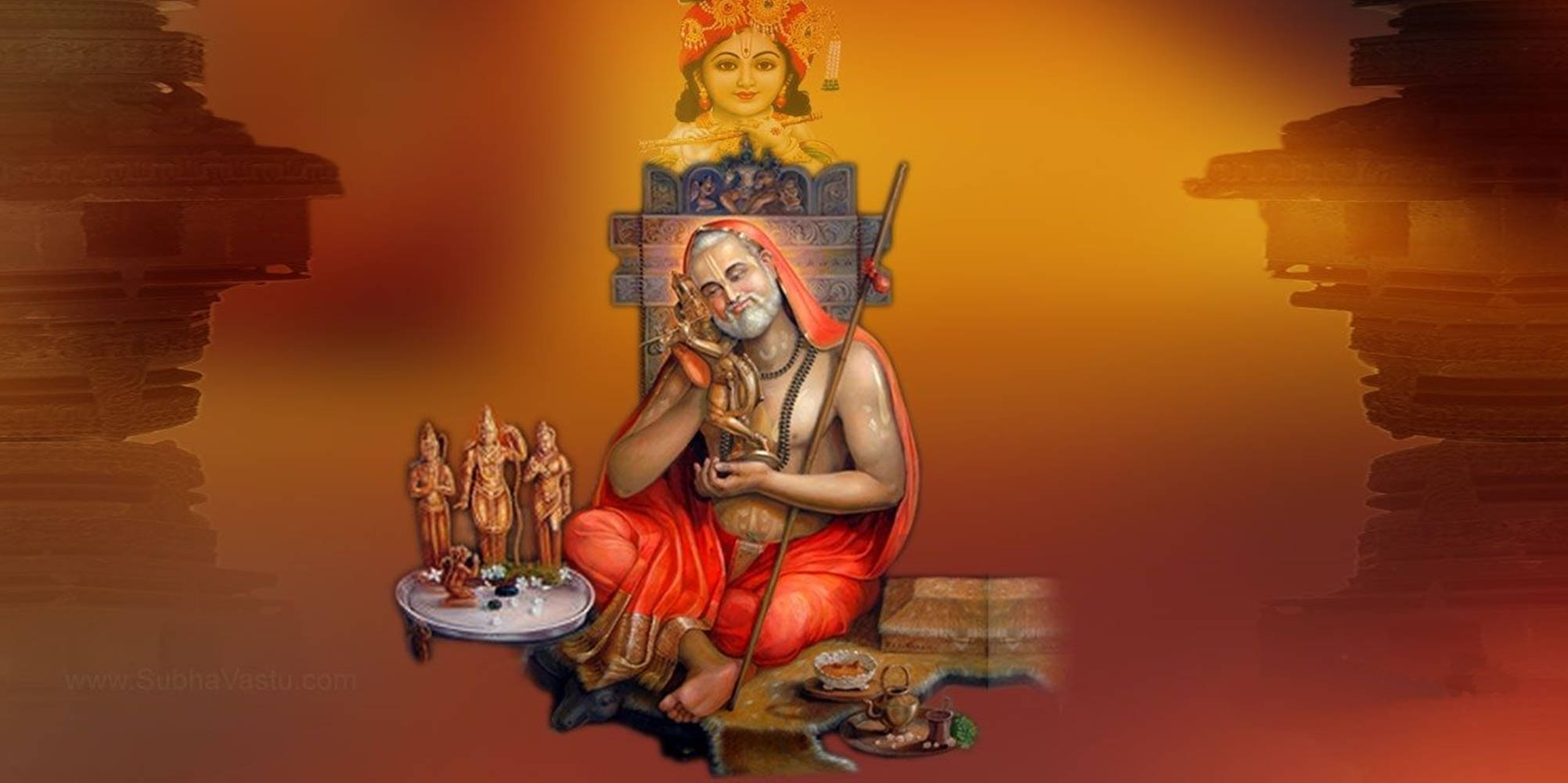 Serene Divine Scene - Lord Raghavendra Surrounded by Sacred Indian Statues. Wallpaper
