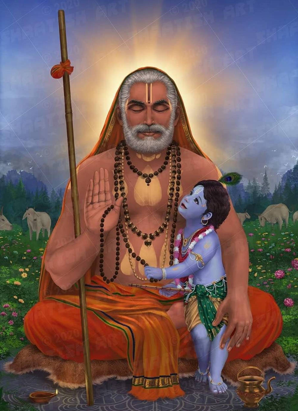 Raghavendra With Little Krishna In Garden Wallpaper