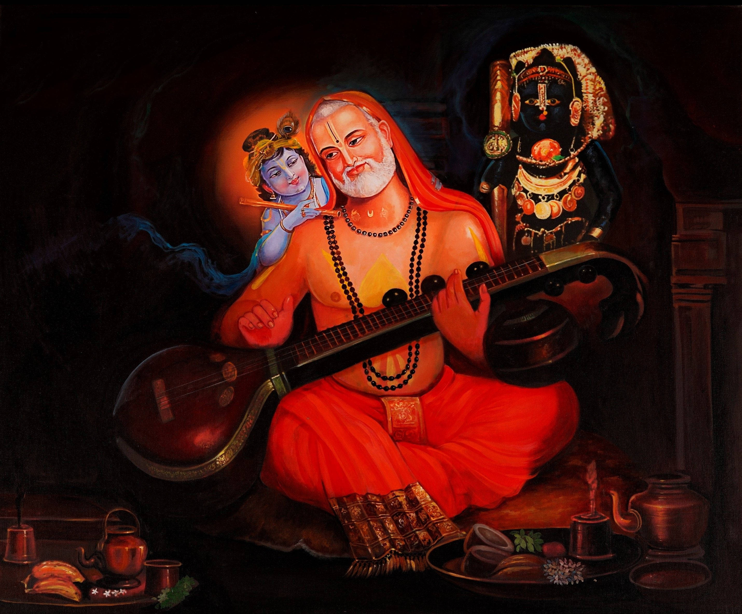 Raghavendra With Lute And Little Krishna Wallpaper