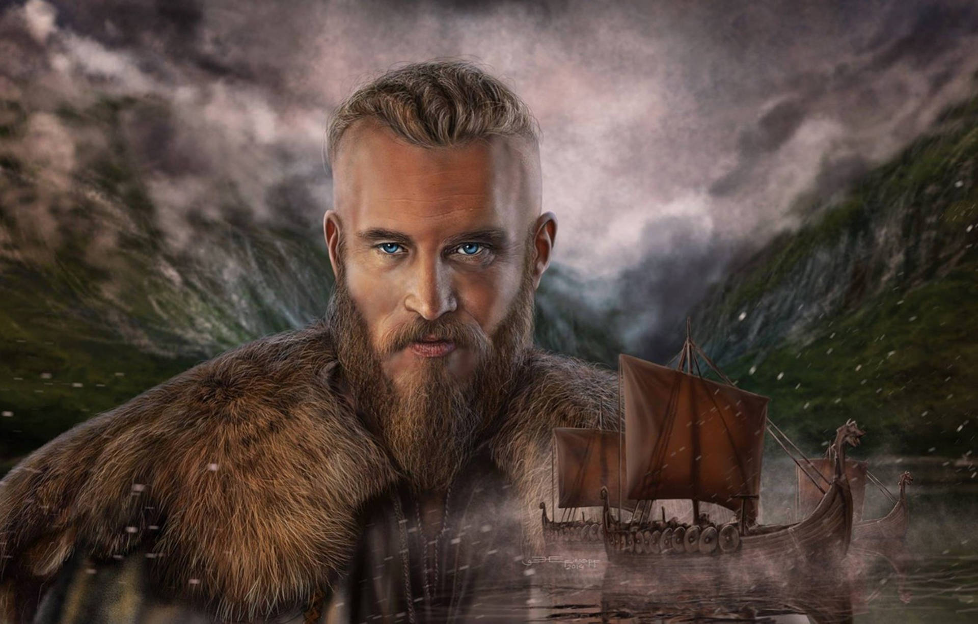 Ragnar Lothbrok 4K Skib og Vand Kunst Tapet: Wallpaper