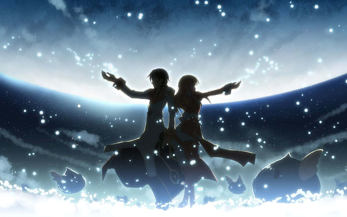 Anime Couple Standing In The Sky With Stars Wallpaper