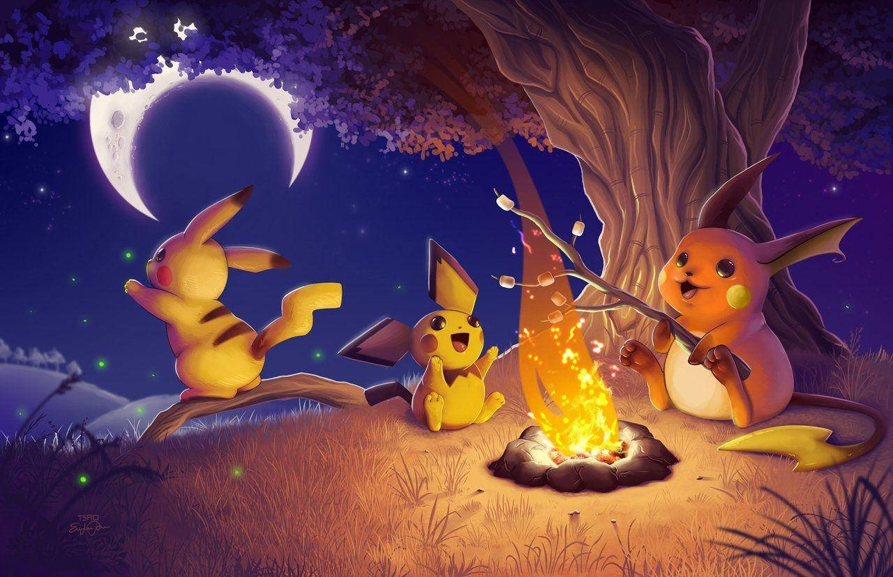 Raichu, Pichu, and Pikachu Roasting Marshmallows by the Campfire Wallpaper