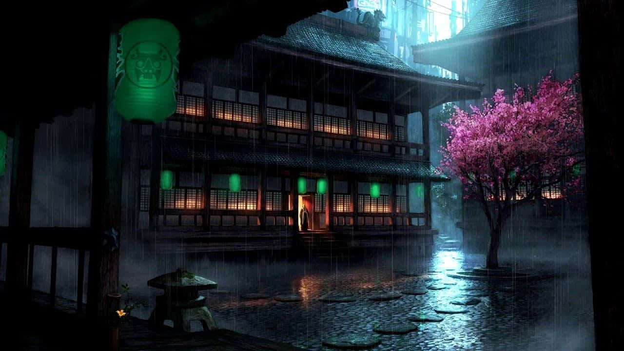 En japansk hus i regnen med lanterner Wallpaper
