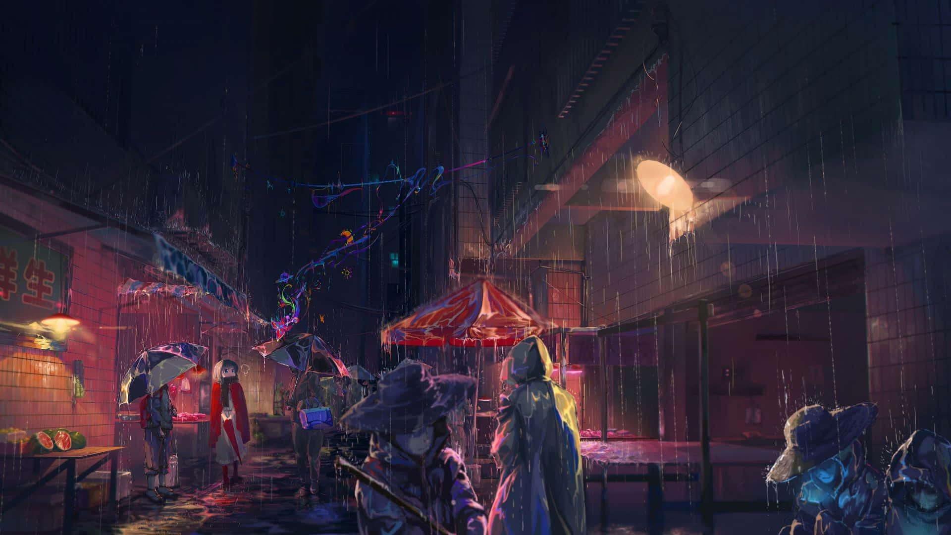 Et mørkt gadebillede med folk der går i regnen. Wallpaper