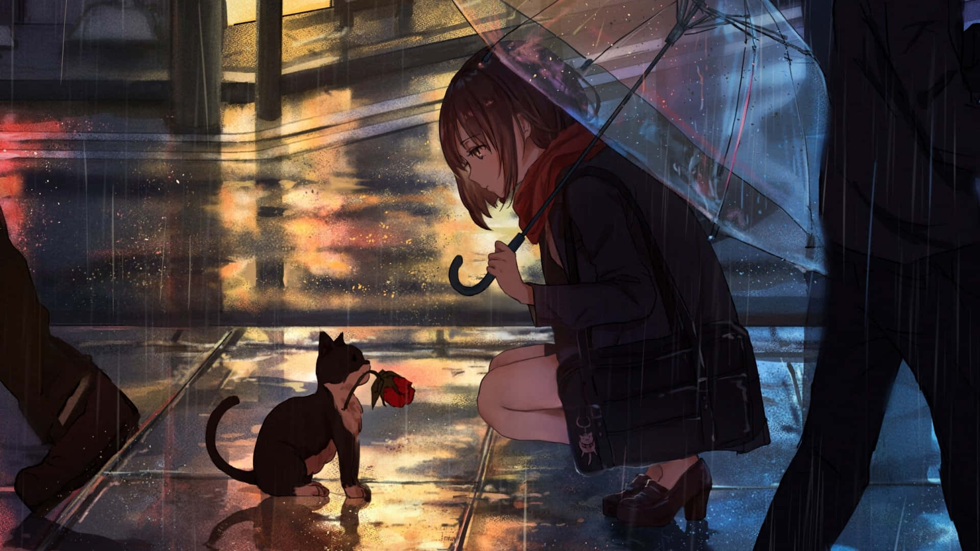 Gå tabt i de smukke øjeblikke af en regnfuld anime dag. Wallpaper