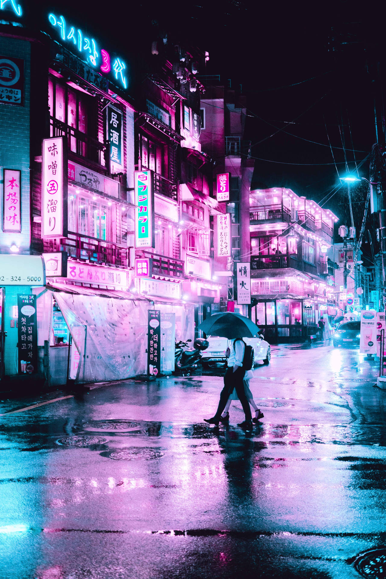 Rain Couple Neon Pink And Blue Wallpaper