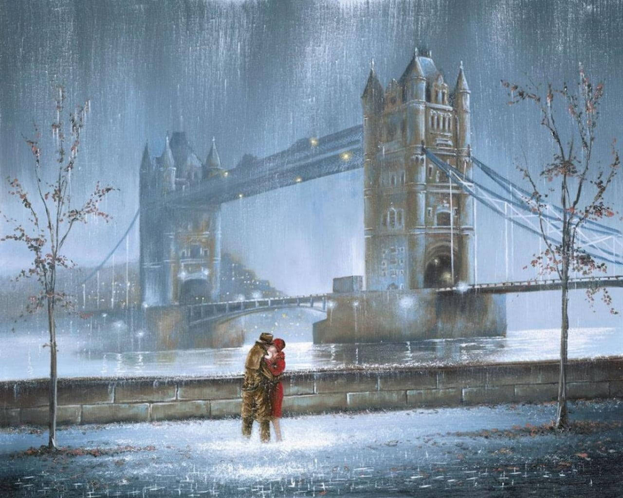 Rain Couple Tower Bridge London Wallpaper