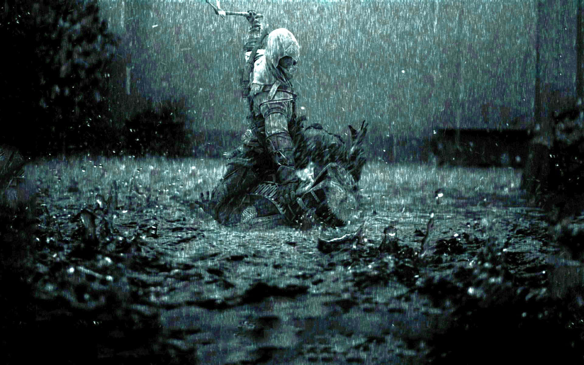A Man Is Standing In The Rain With A Sword Wallpaper