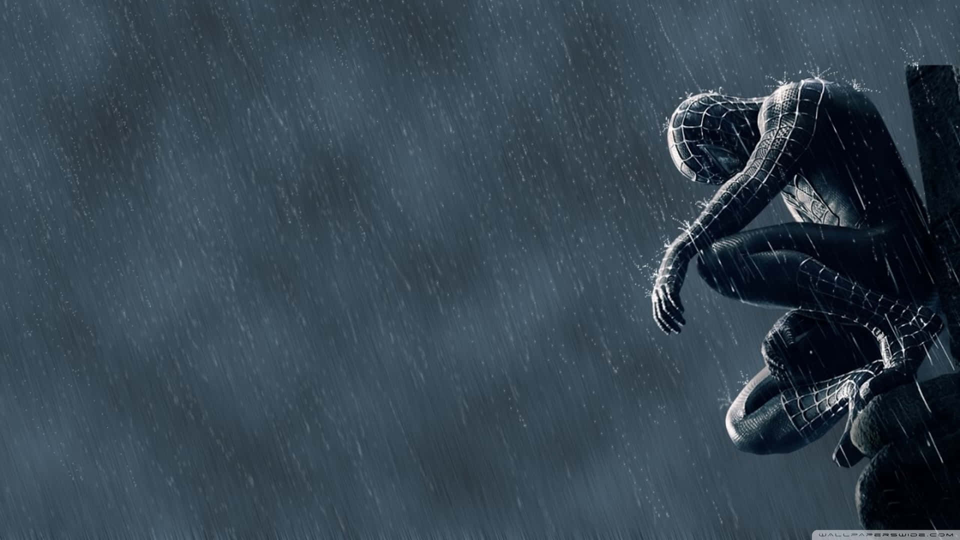 Spiderman Seduto Su Una Panchina Sotto La Pioggia Sfondo