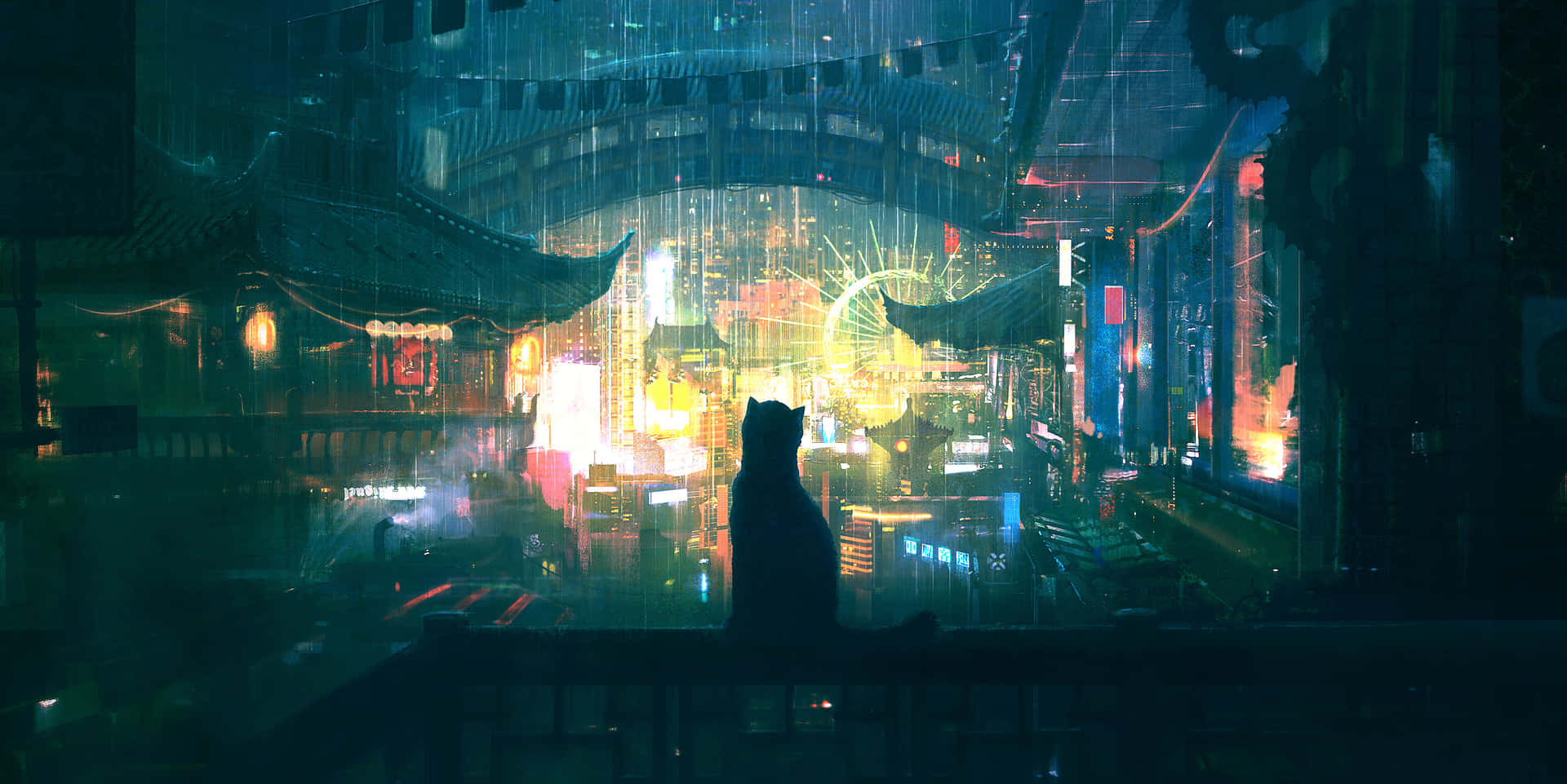 a city with a lot of lights and a cat Wallpaper