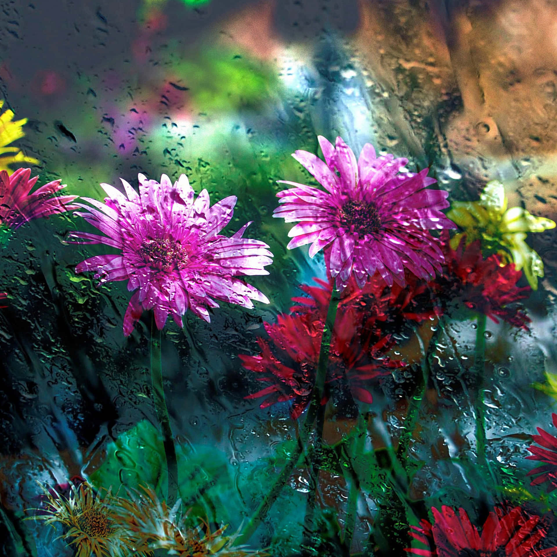 Rain Kissed Flowers Behind Glass Wallpaper