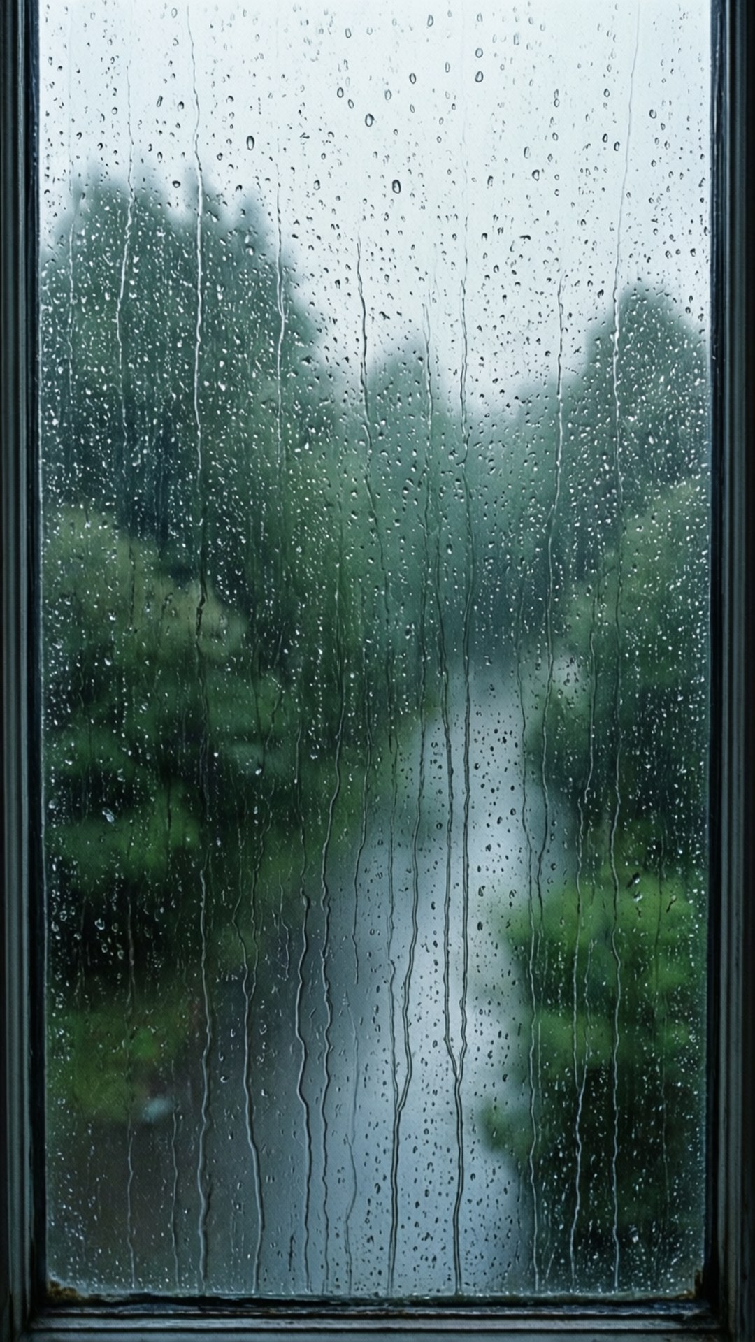 Blid regn på en vinduesrude med sløret grønt udenfor.