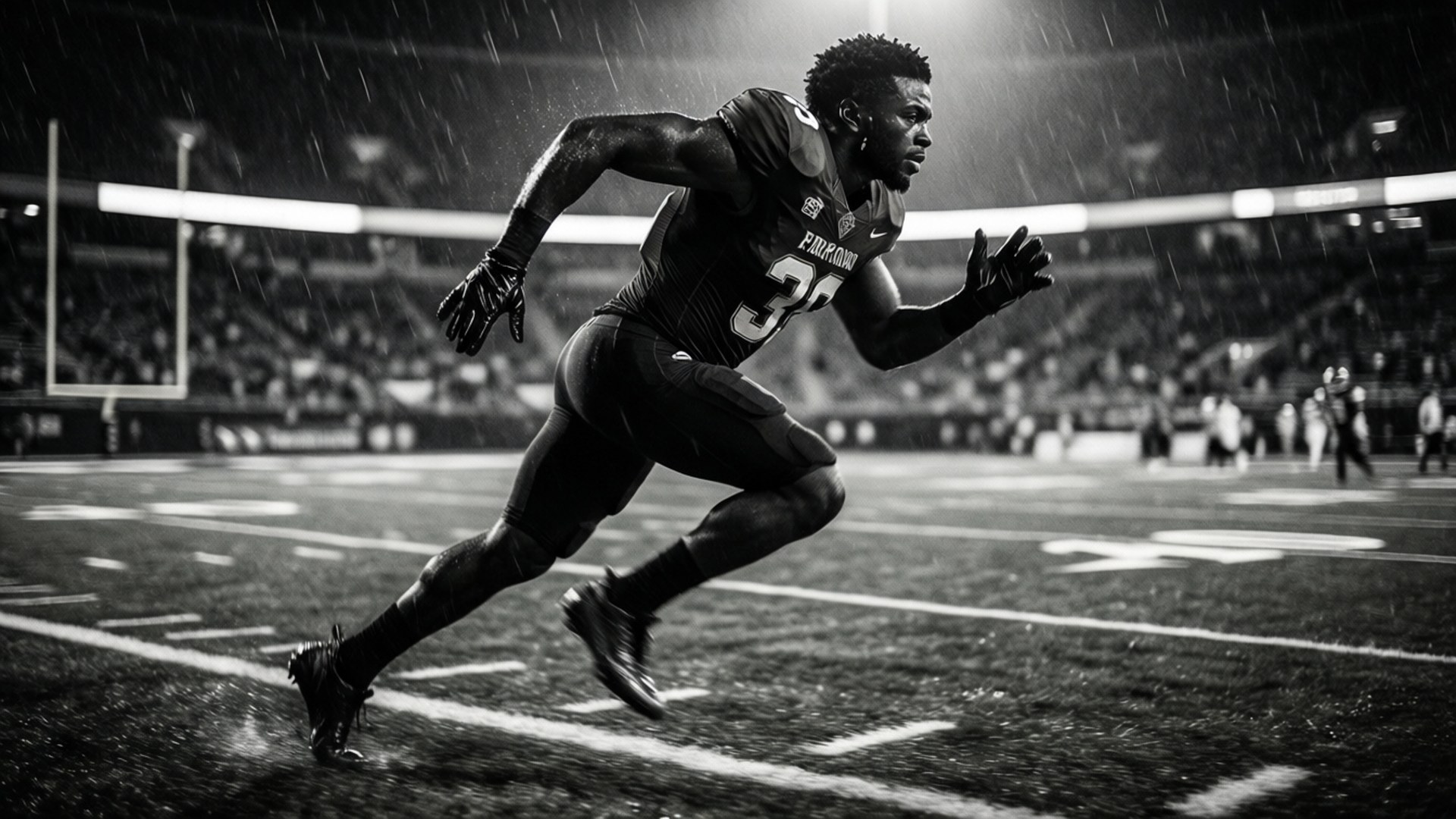 Black and white motion shot of Byron Jones sprinting in rain.