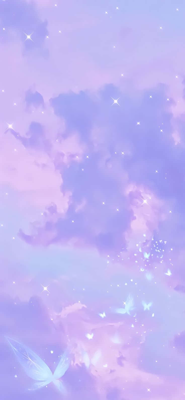 A Purple Sky With Butterflies And Stars