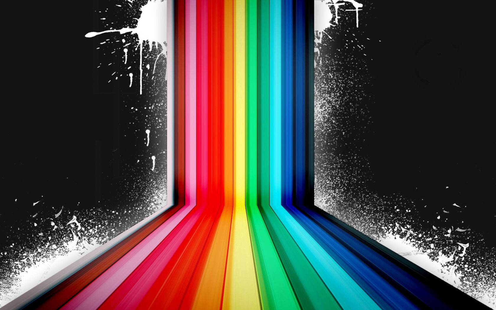 Vibrant rainbow lined with clouds in an awe-inspiring sunset. Wallpaper — Vibrant rainbow light beams converge in a geometric V against a black background with white splatter textures.