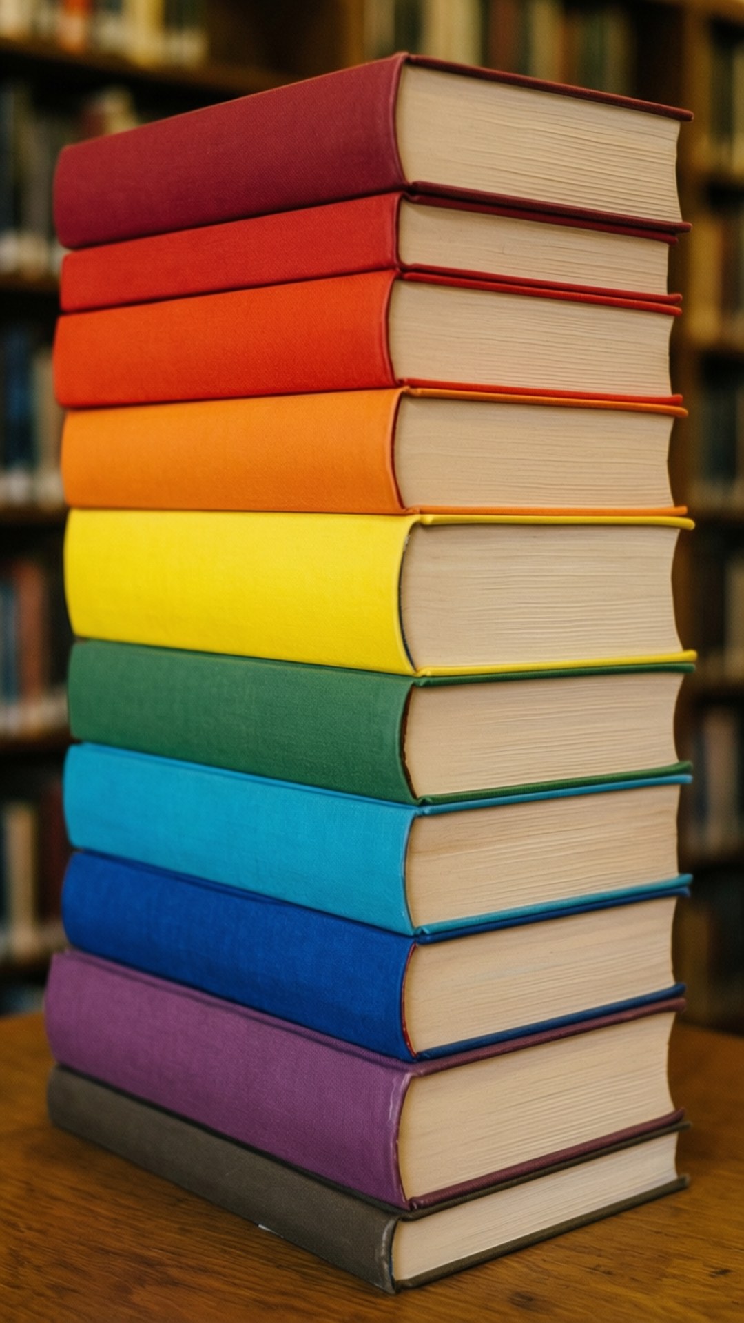 Regnbuebogstabel Wallpapers — En høj stak af hardcover-bøger med regnbuefarvede rygge står på et træbord i et bibliotek.