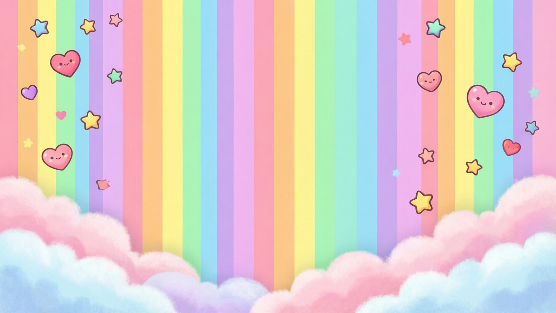 Arcobaleno Nuvola Gioia Sfondi — Strisce pastello arcobaleno fluttuano sopra nuvole soffici di zucchero filato punteggiate di cuori e stelle sorridenti.