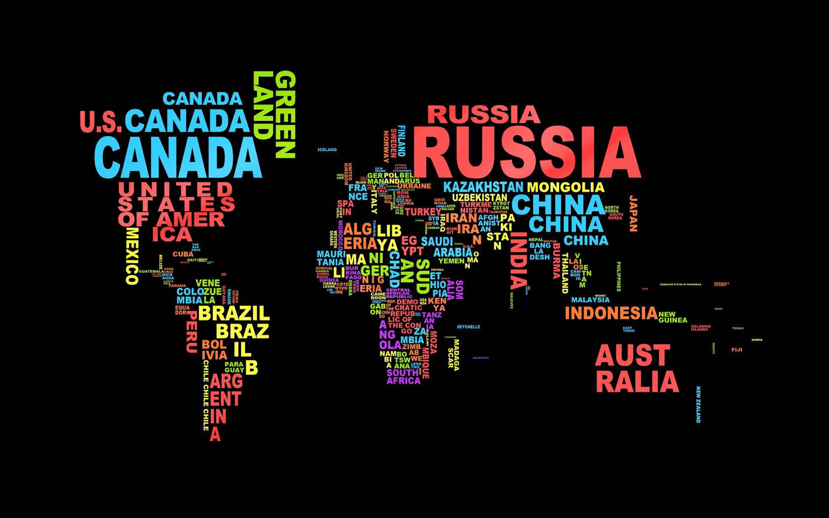 A colorful world map showing the names of countries Wallpaper