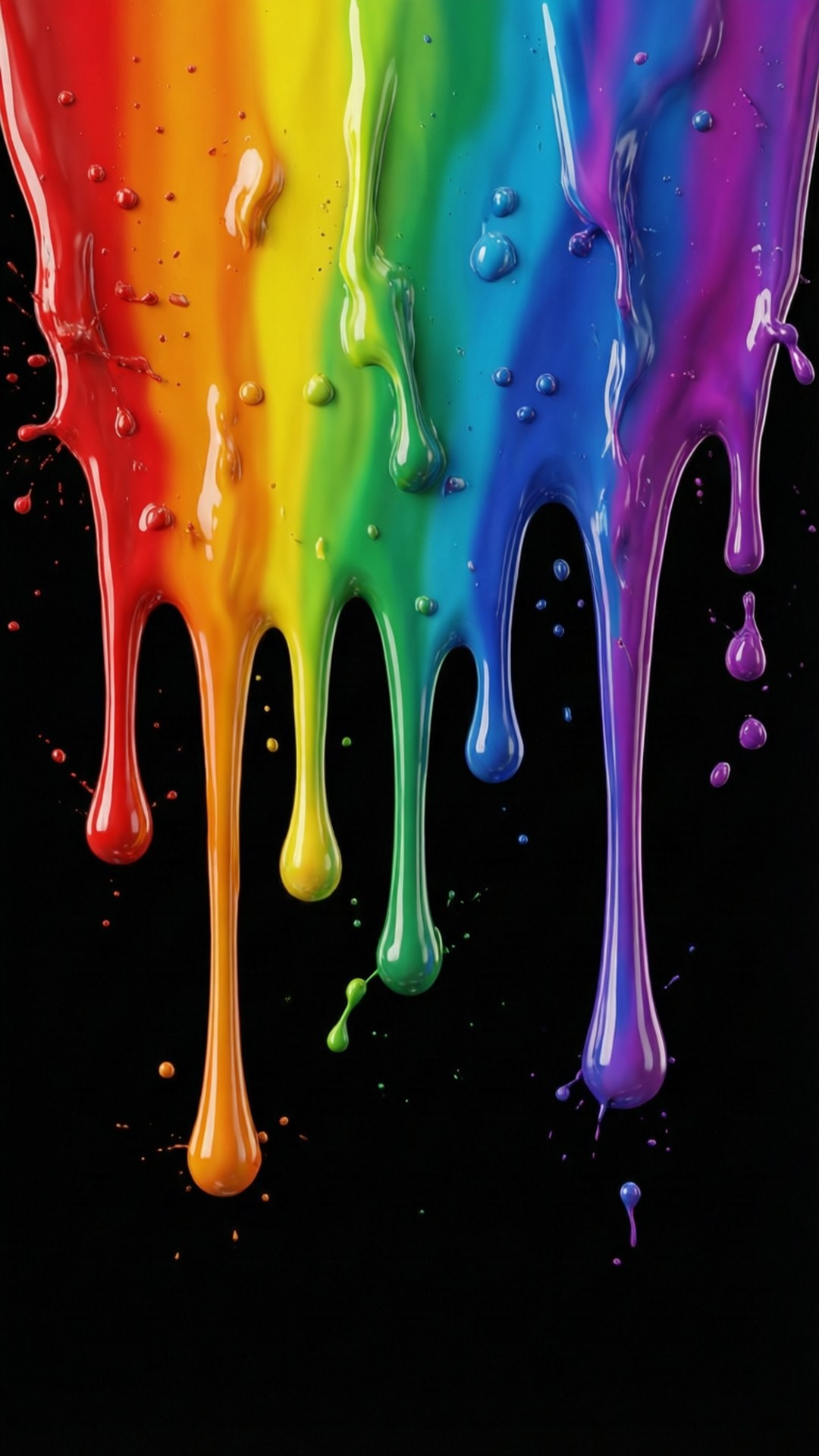 Un rendering 3D lucido di arcobaleno liquido che gocciola e schizza su una tela nera.