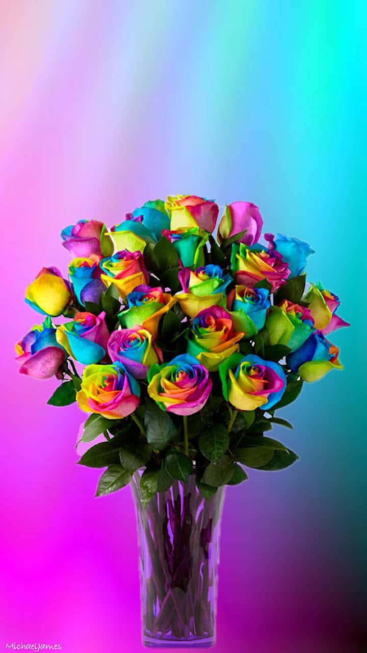 Vasode Rosas Iphone Com Flores Arco-íris. Papel de Parede
