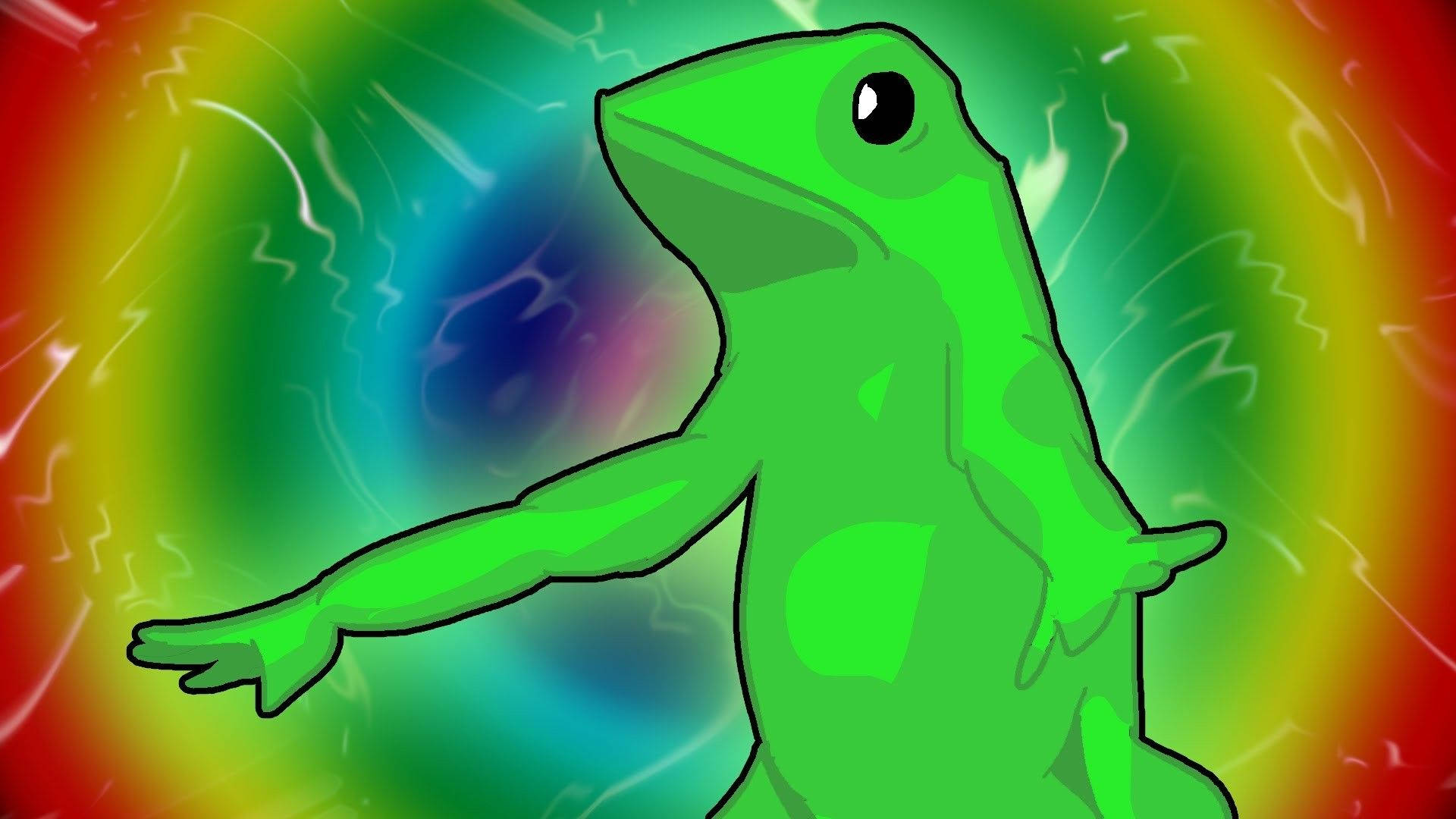 Frog meme with open arms and feet in a rainbow background.