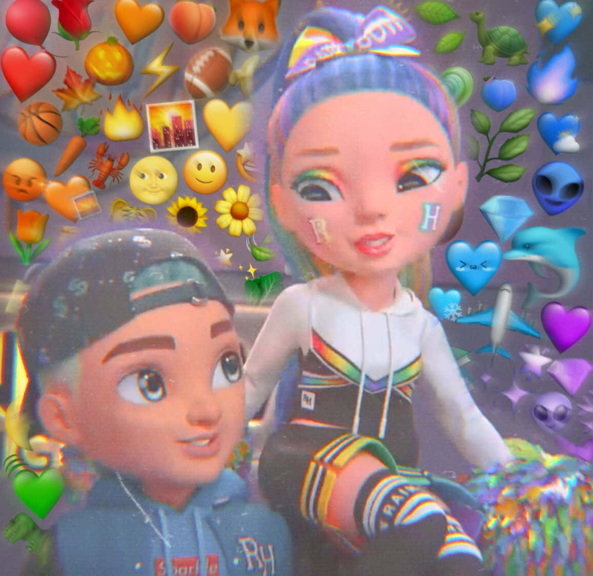 En pige og dreng sidder på en sofa med masser af emojis omkring dem Wallpaper