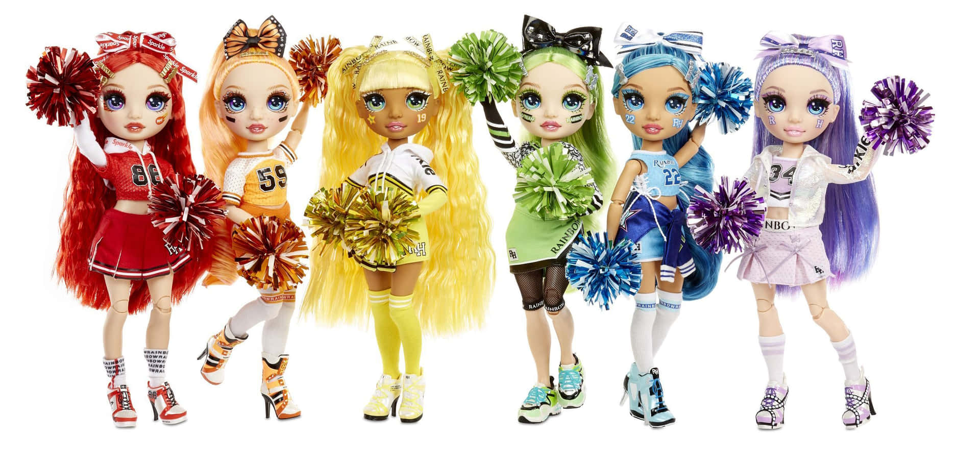 A Group Of Cheerleader Dolls With Colorful Hair Wallpaper