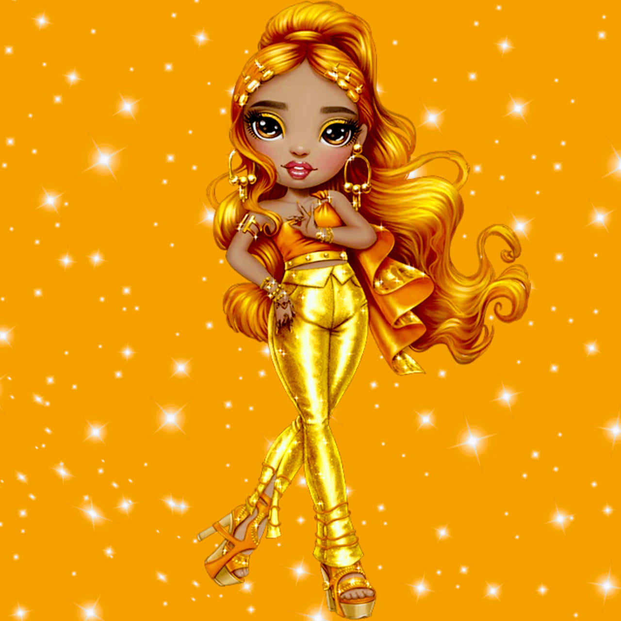 En pige i guld med langt hår og en gulddragt Wallpaper