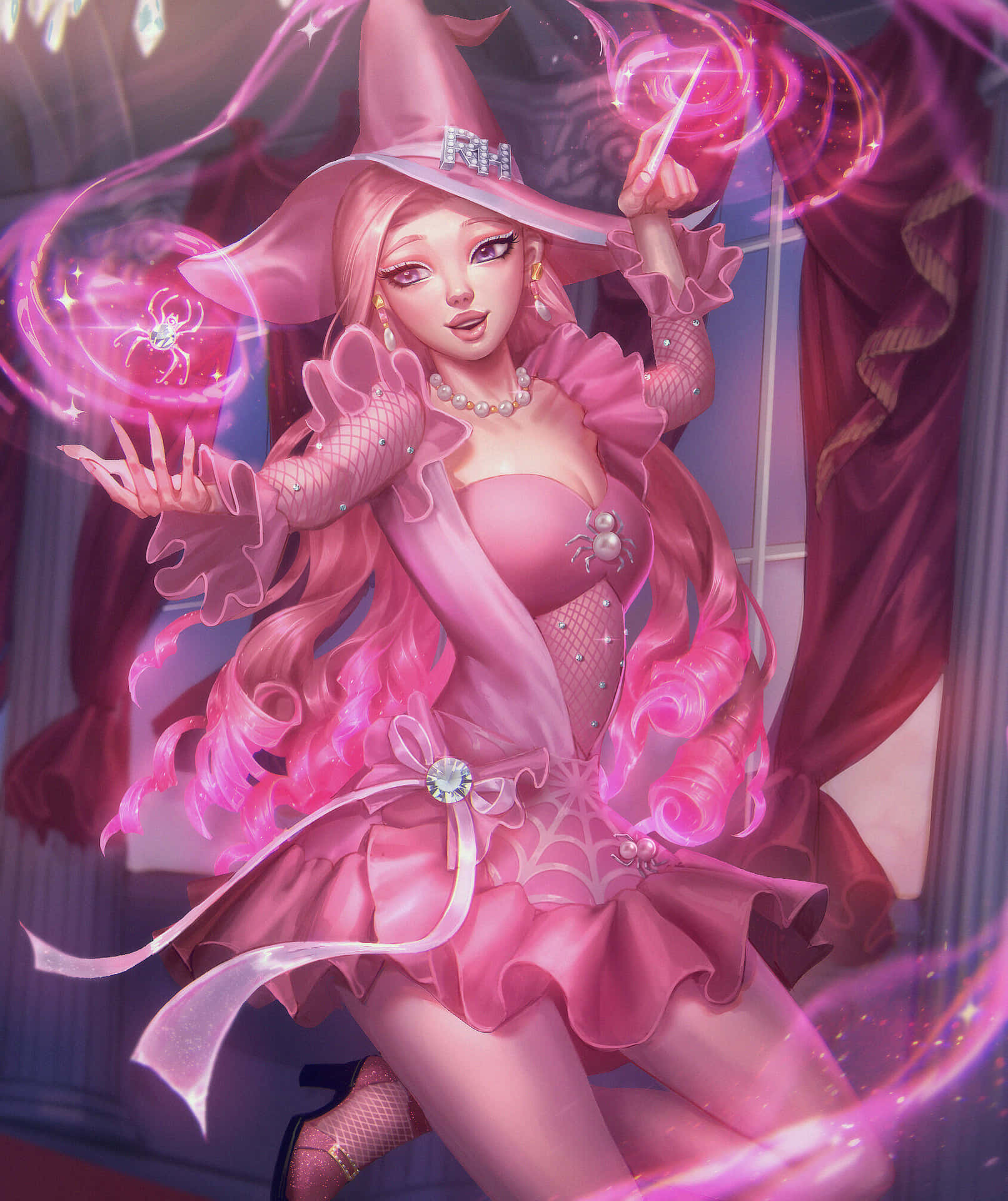 A Pink Fairy With A Hat And Pink Hair Wallpaper