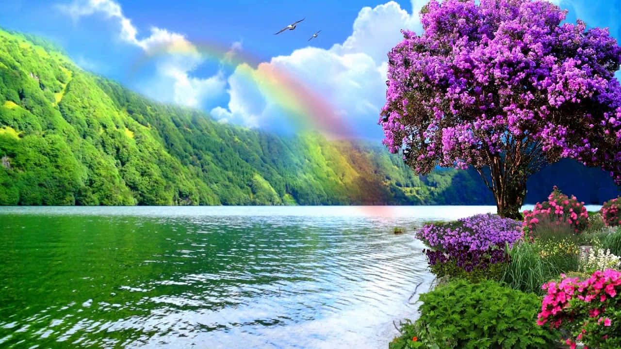 En lys og farverig regnbue over et felt fyldt med levende grønt græs.