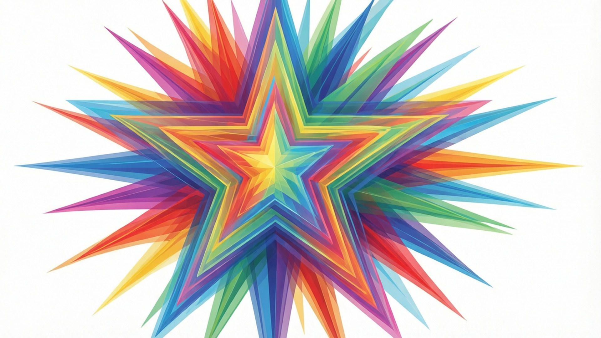 Een modern behang met een kleurrijk starburst-patroon van overlappende doorschijnende sterren.
