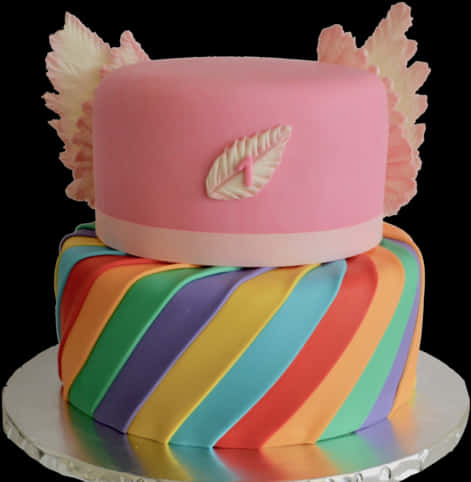 Rainbow Striped Fondant Cakewith Pink Topper PNG