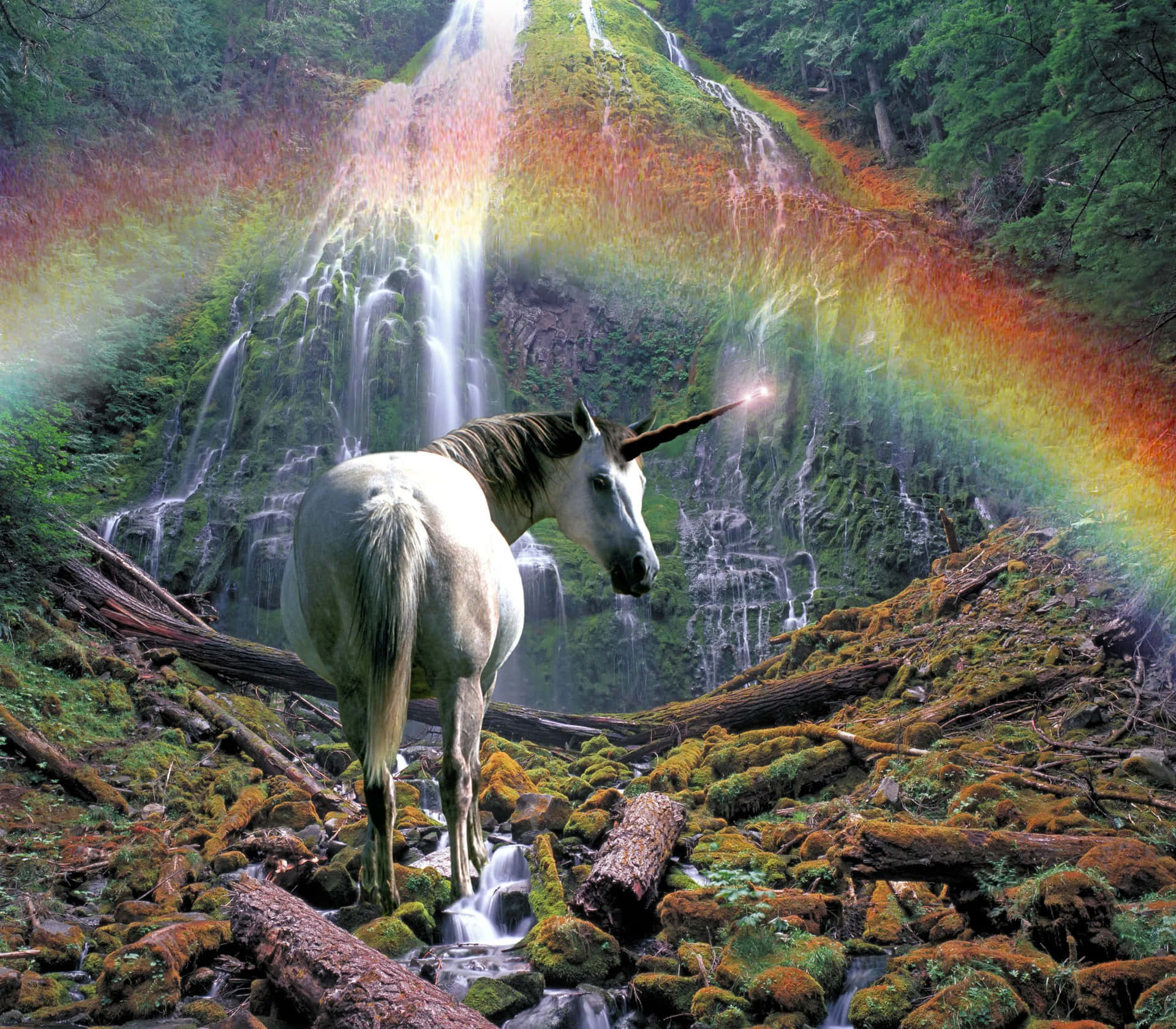 A Unicorn Standing In Front Of A Waterfall