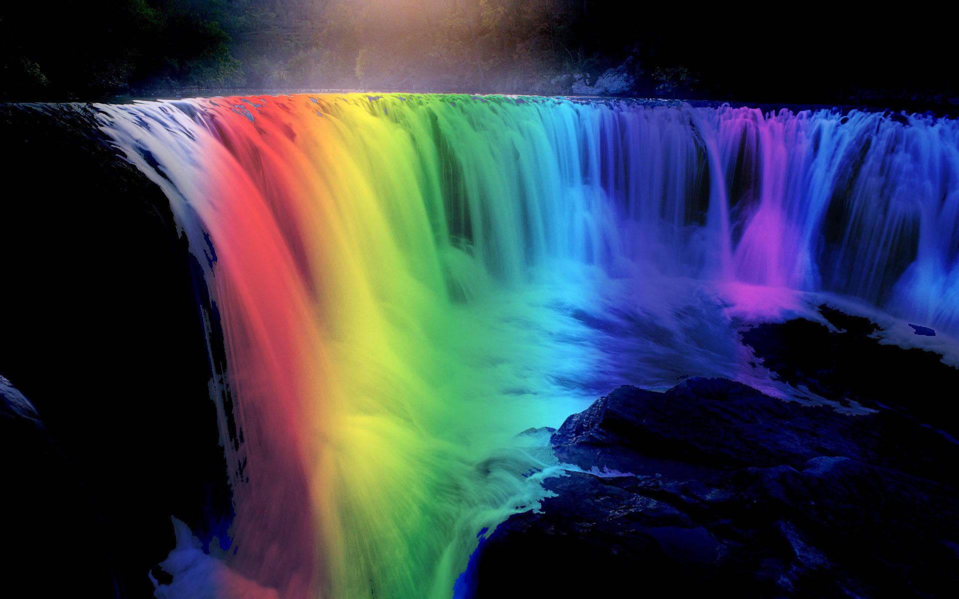Colorful Rainbow Falls in the Midst of a Serene Forest Wallpaper