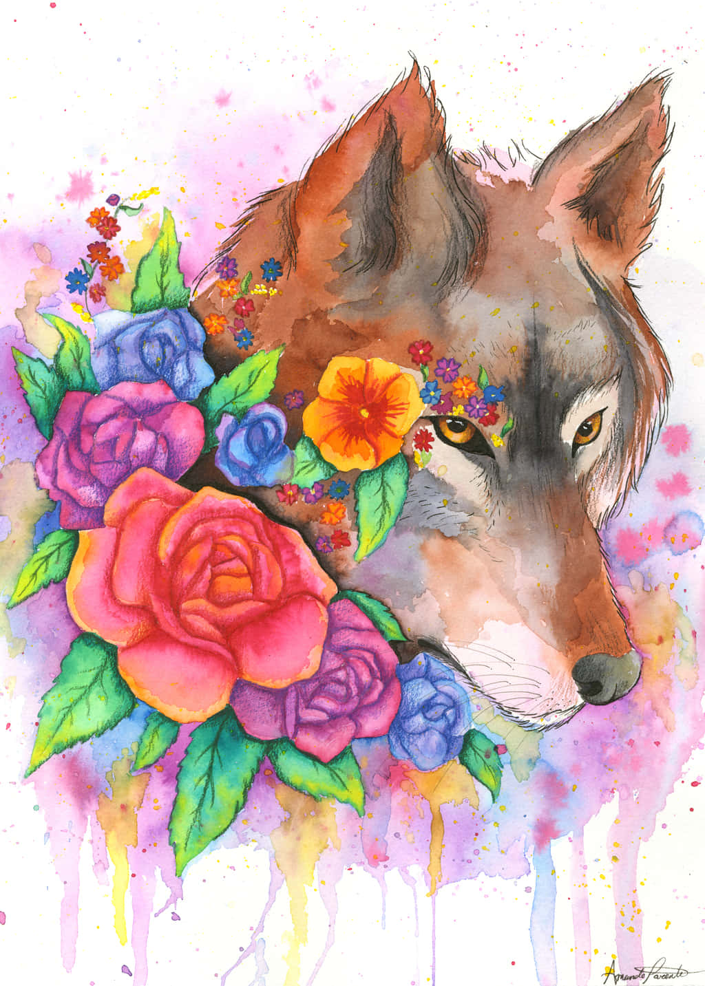 Rainbow Wolf With Roses Wallpaper